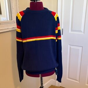 Men's Navy Ski Sweater with Red and Yellow Stripes Vintage perfect! M.